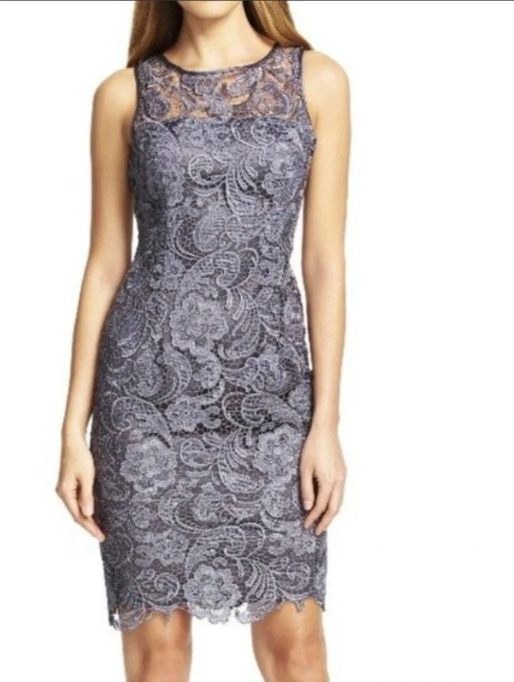 adrianna papell grey lace dress Adrianna Papell Layered Chiffon & Lace Gown Dress Sz 6 Grey Mrsp $258.00